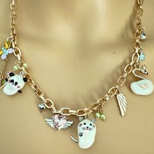 Betsey Johnson Pearl Critter Charm Necklace Panda Kitty Swan